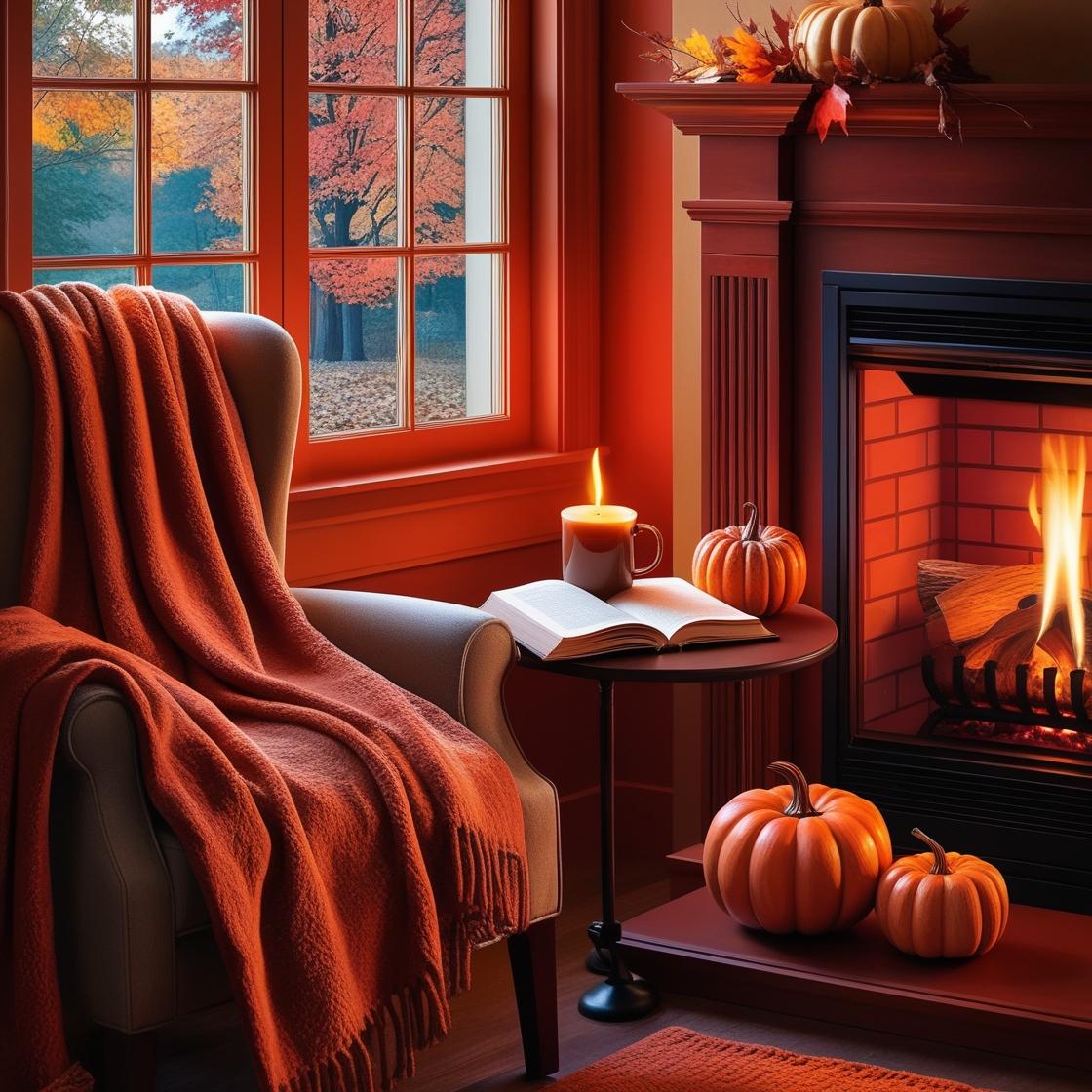 fall image book fireplace pumpkins