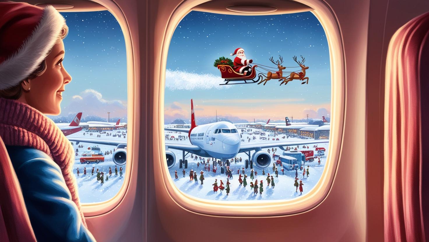 crowded airport with Santa in the sky