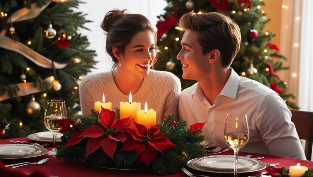 couple enjoying christmas candle light dinner