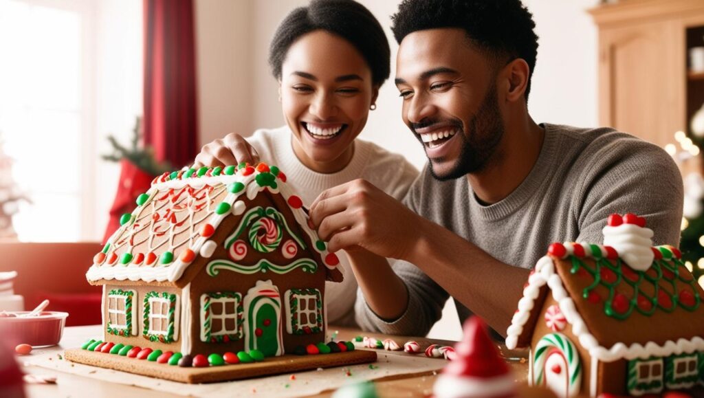 couple making gingerbread house together