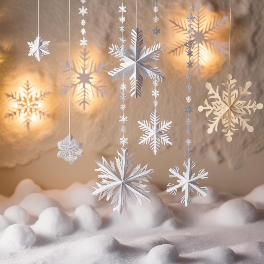 fake snow and paper snowflakes