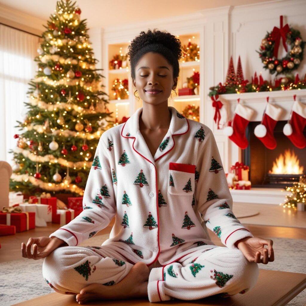 meditating in christmas pjs