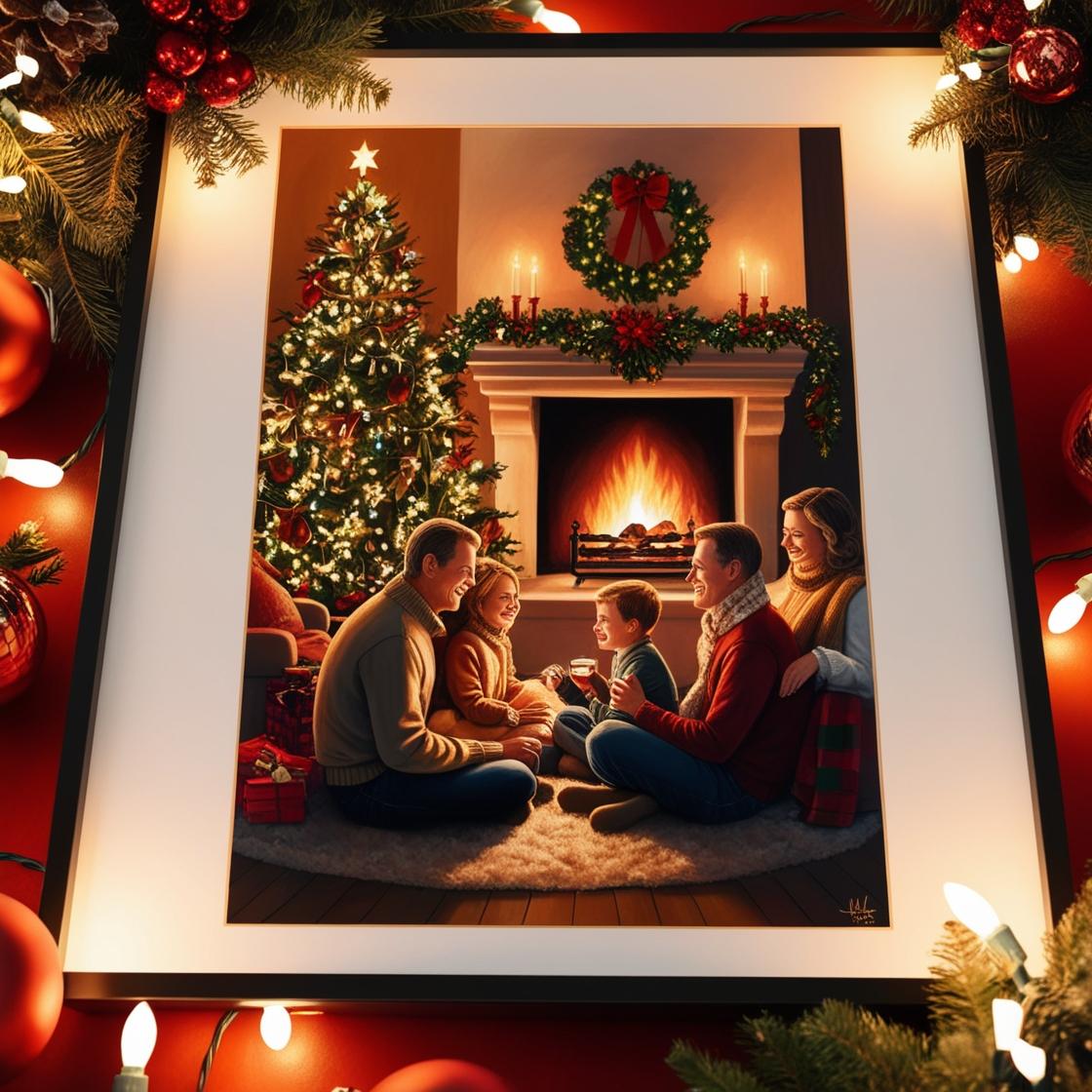 family sitting by fireplace