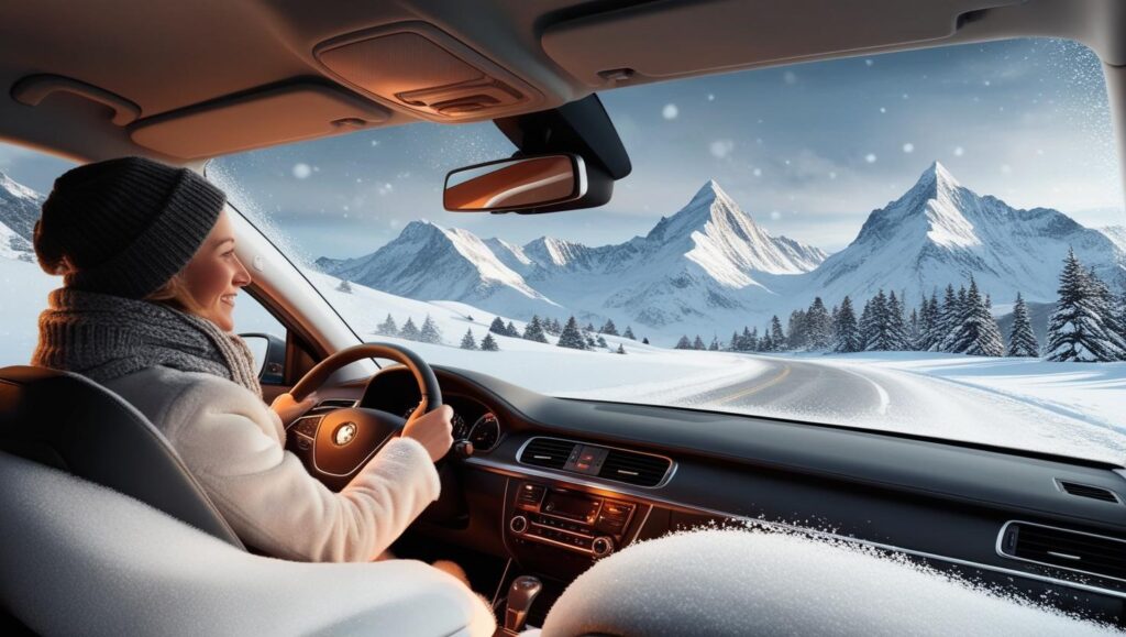 lady driving through snow-covered mountains