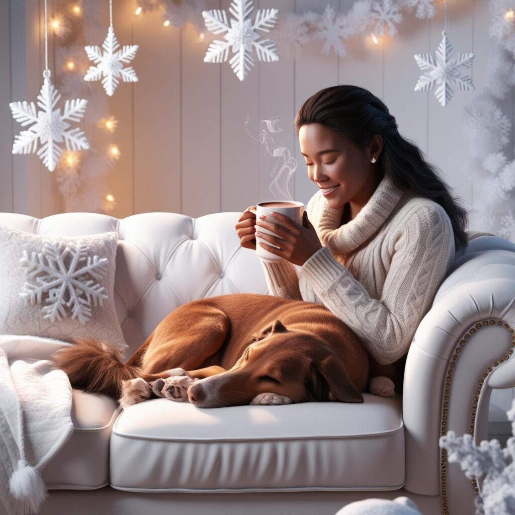 lady drinking hot cocoa in winter wonderland themed living room