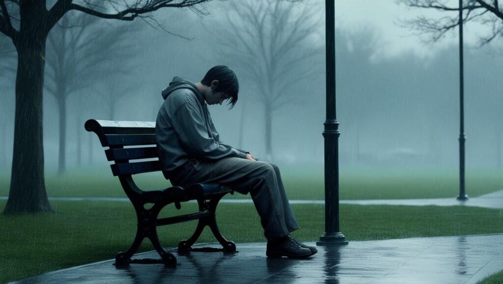 boy on a bench on a sad day