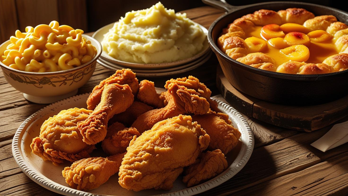 fried chicken mac peach cobbler potatoes