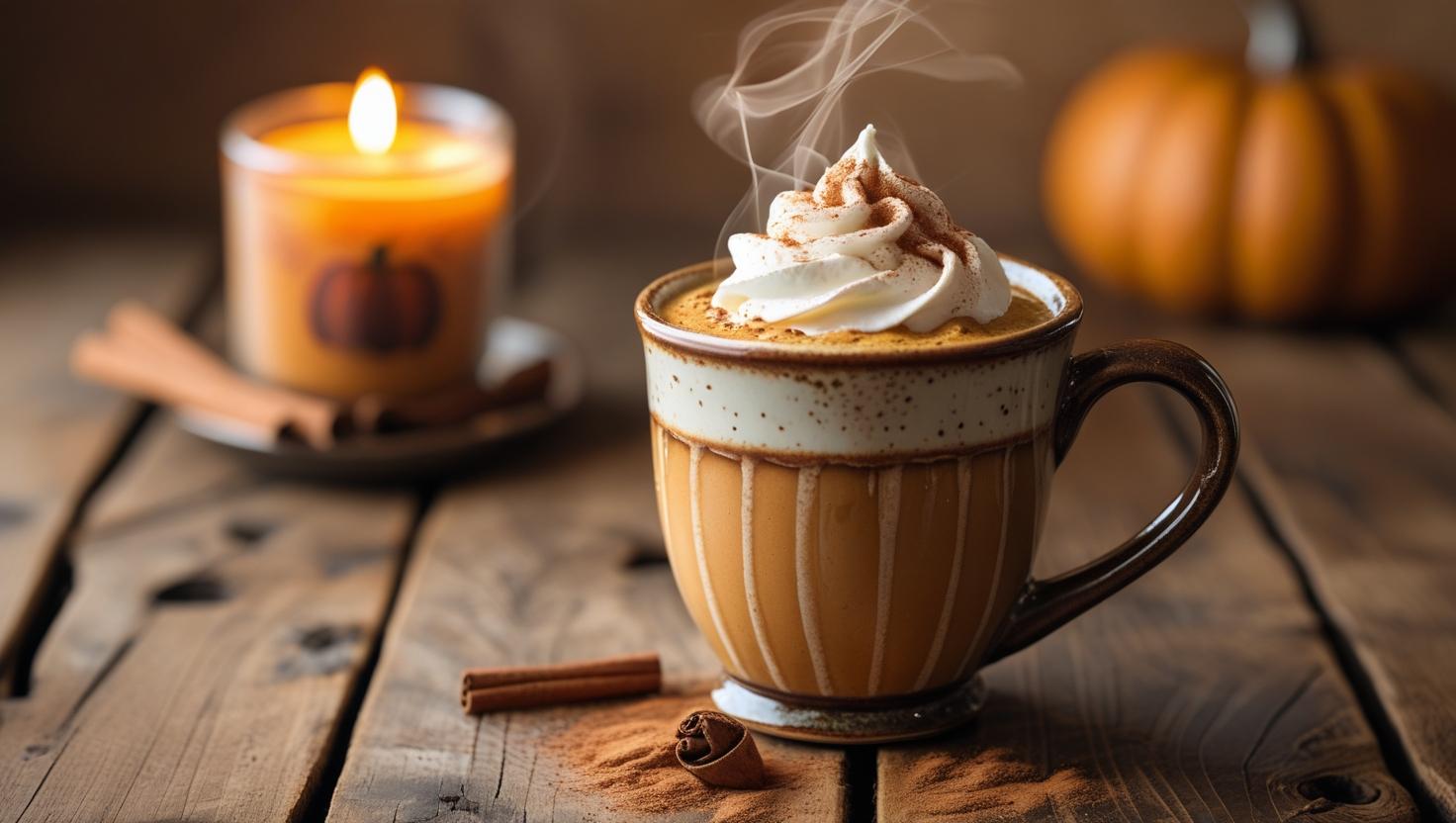 pumpkin spice latte with a pumpkin spice candle in the background