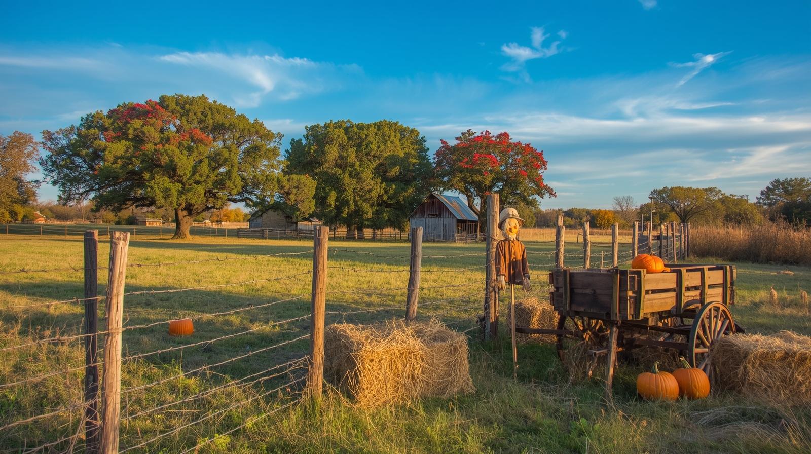 pasture with oak trees in the fall