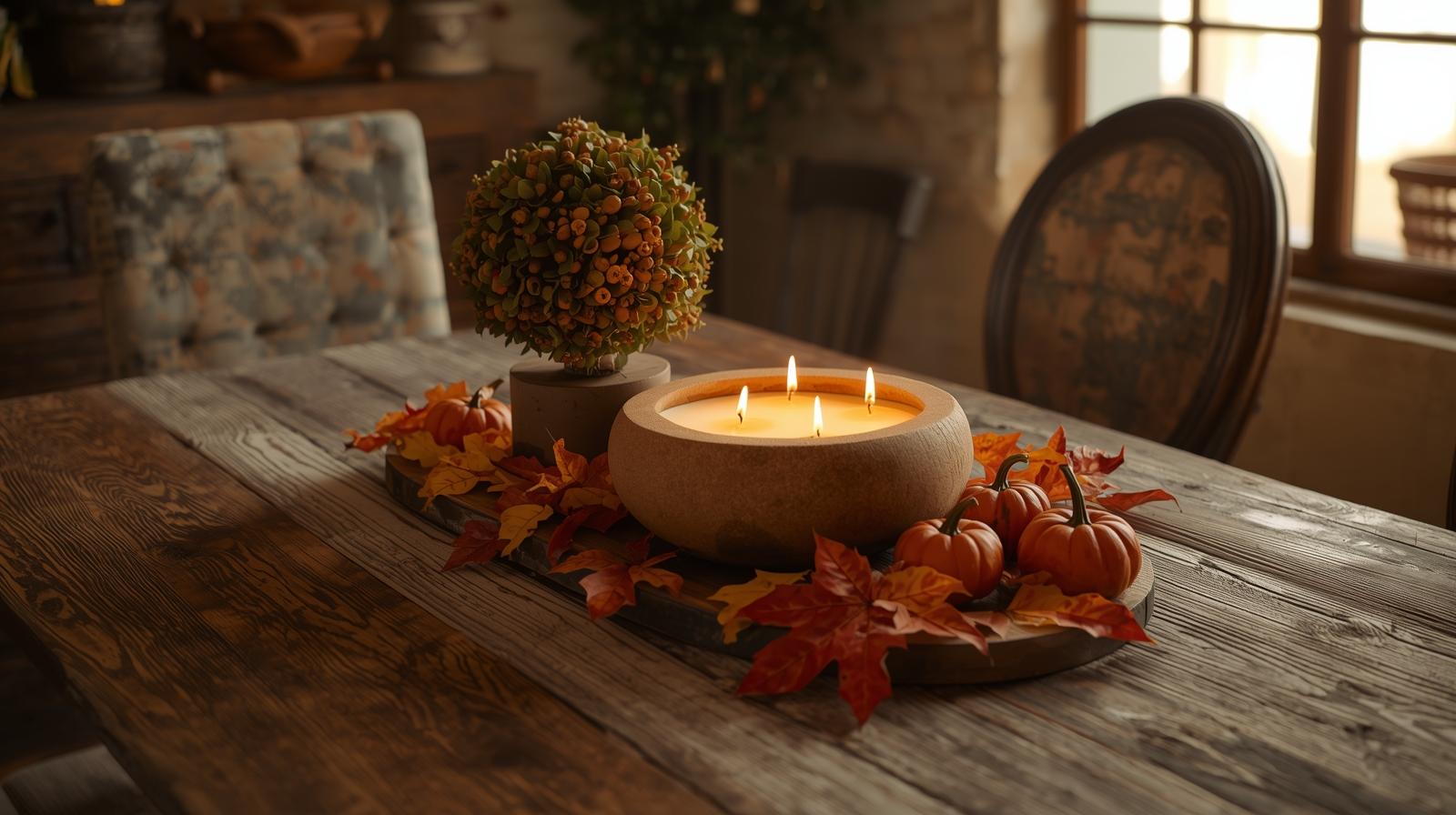 fall table with leaves and candle