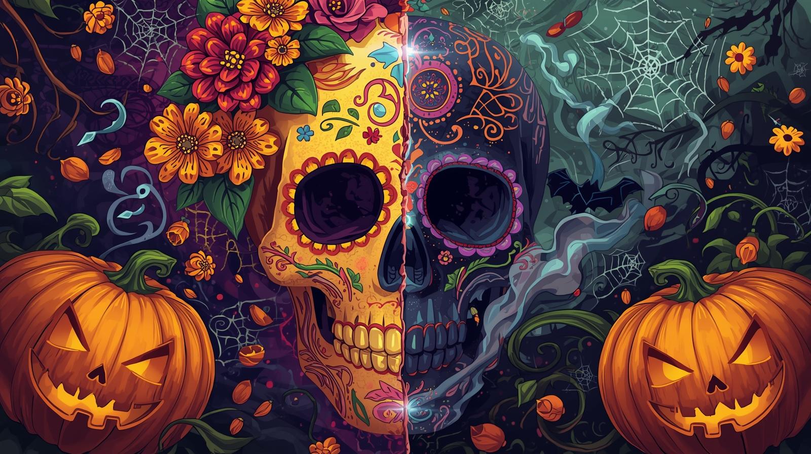 combination of dia los muertos vs halloween