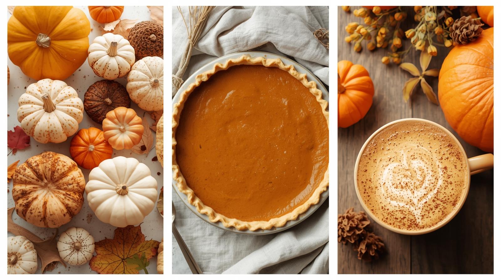 pumpkin pie, latte, spice and pumpkins