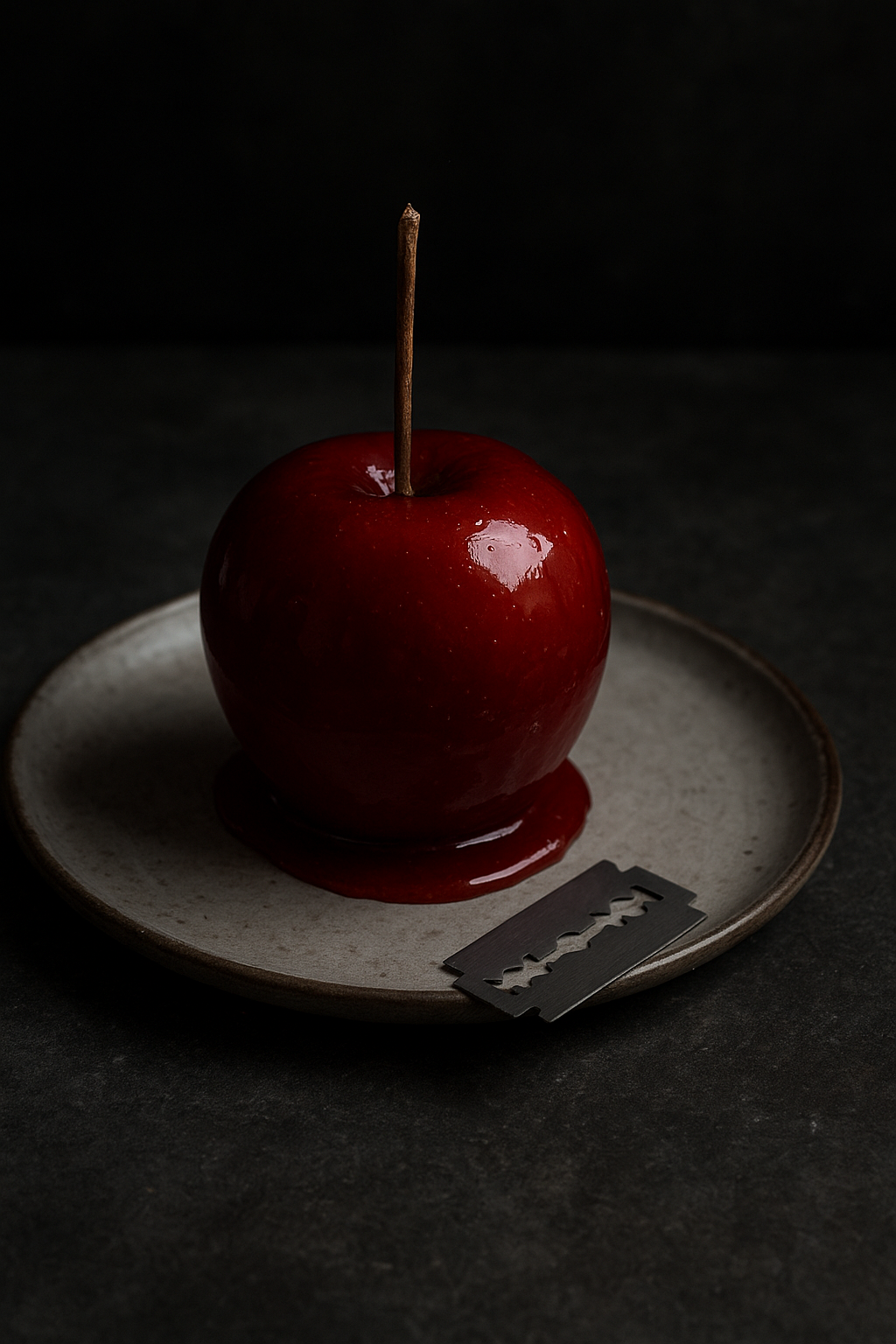 candy apple on a platter with a razor blade