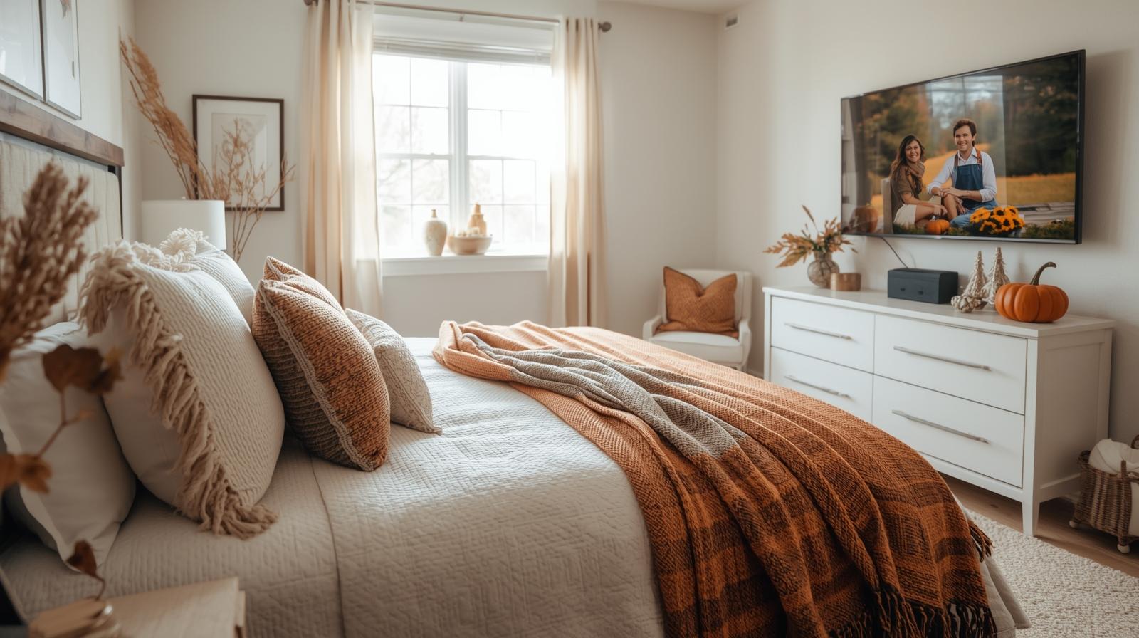 bedroom decorated in warm fall colors
