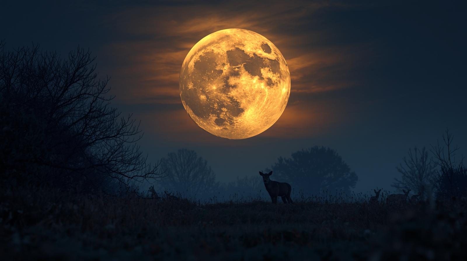 hunters moon overlooking a meadow with deer