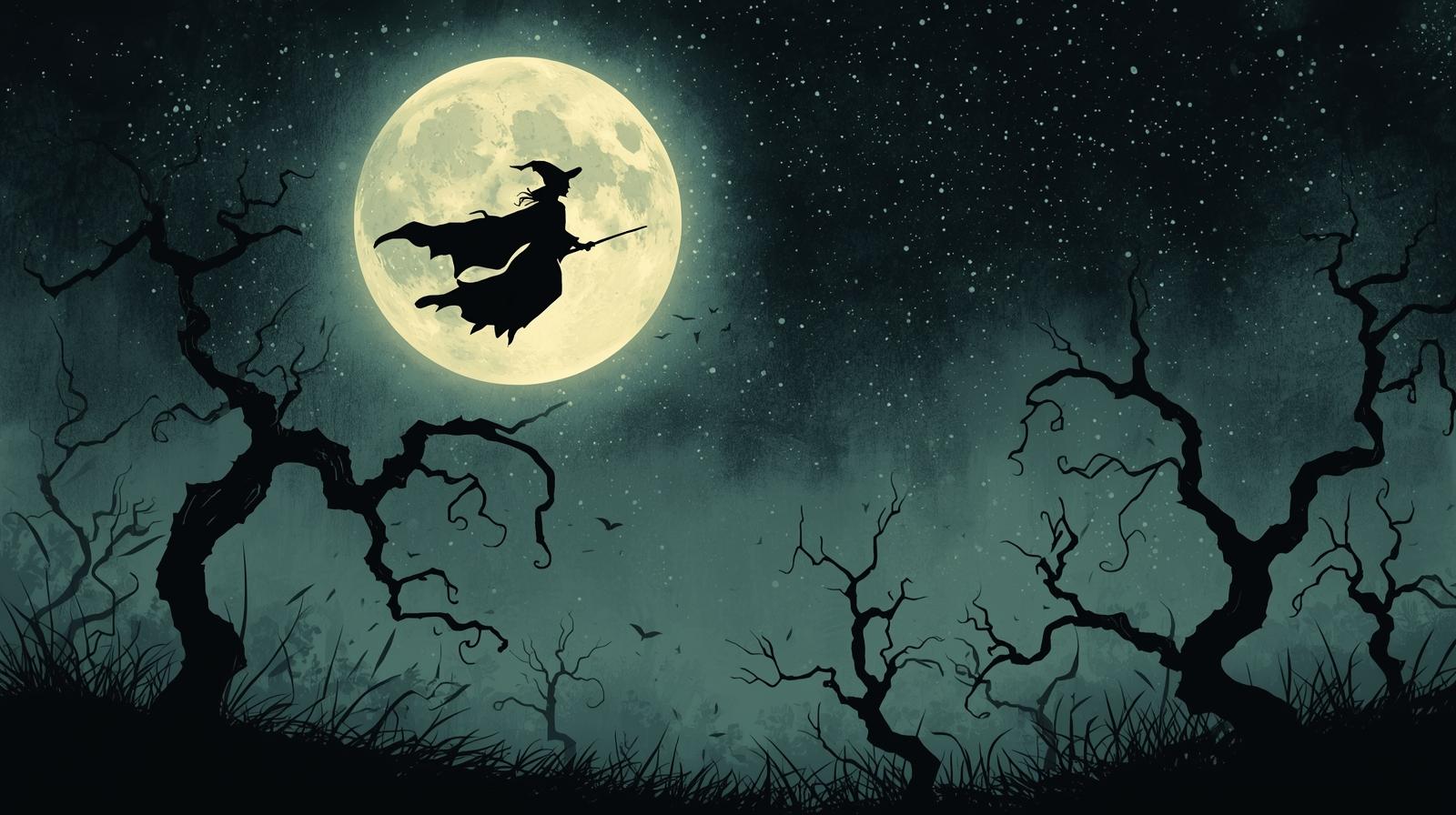witch flying across a spooky sky in front of a full moon