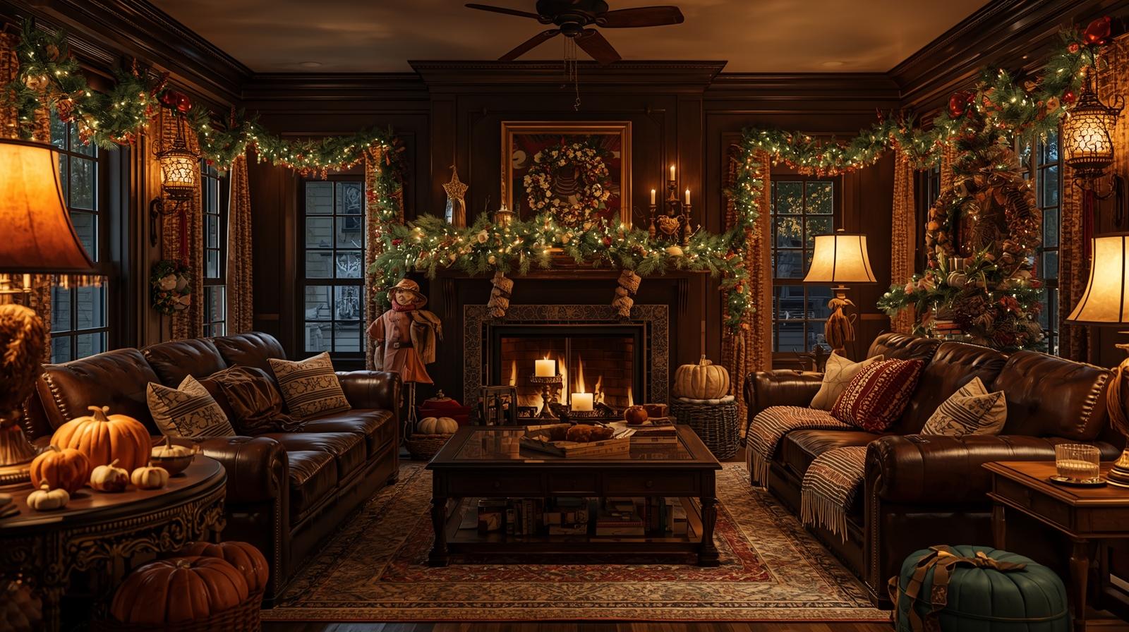 living room decorated for the holidays