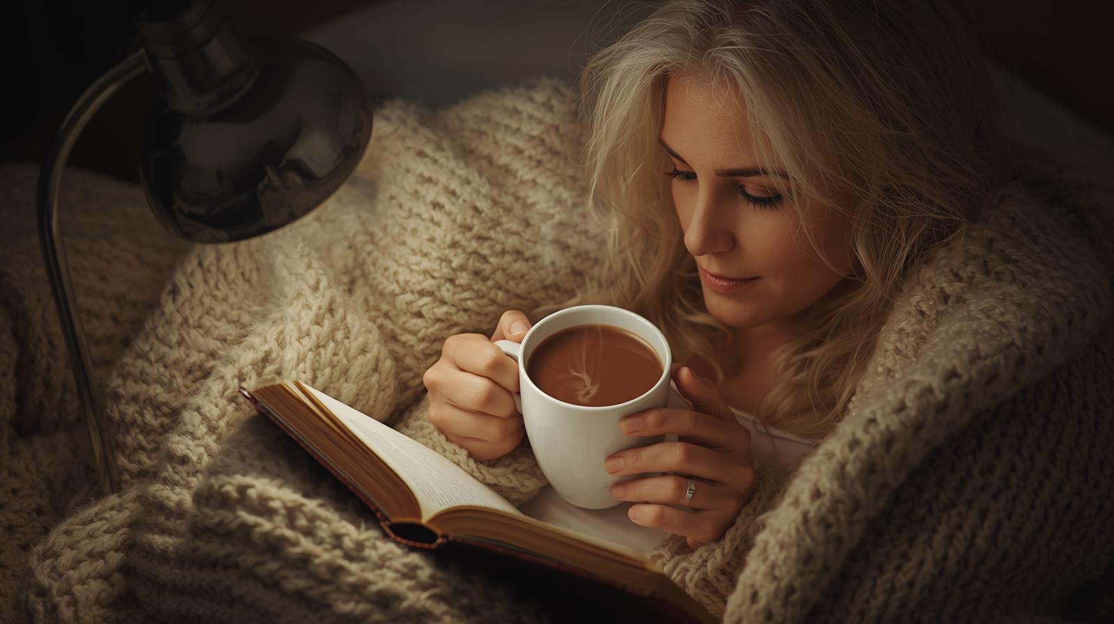 a lady cozied up with hot chocolate and a book