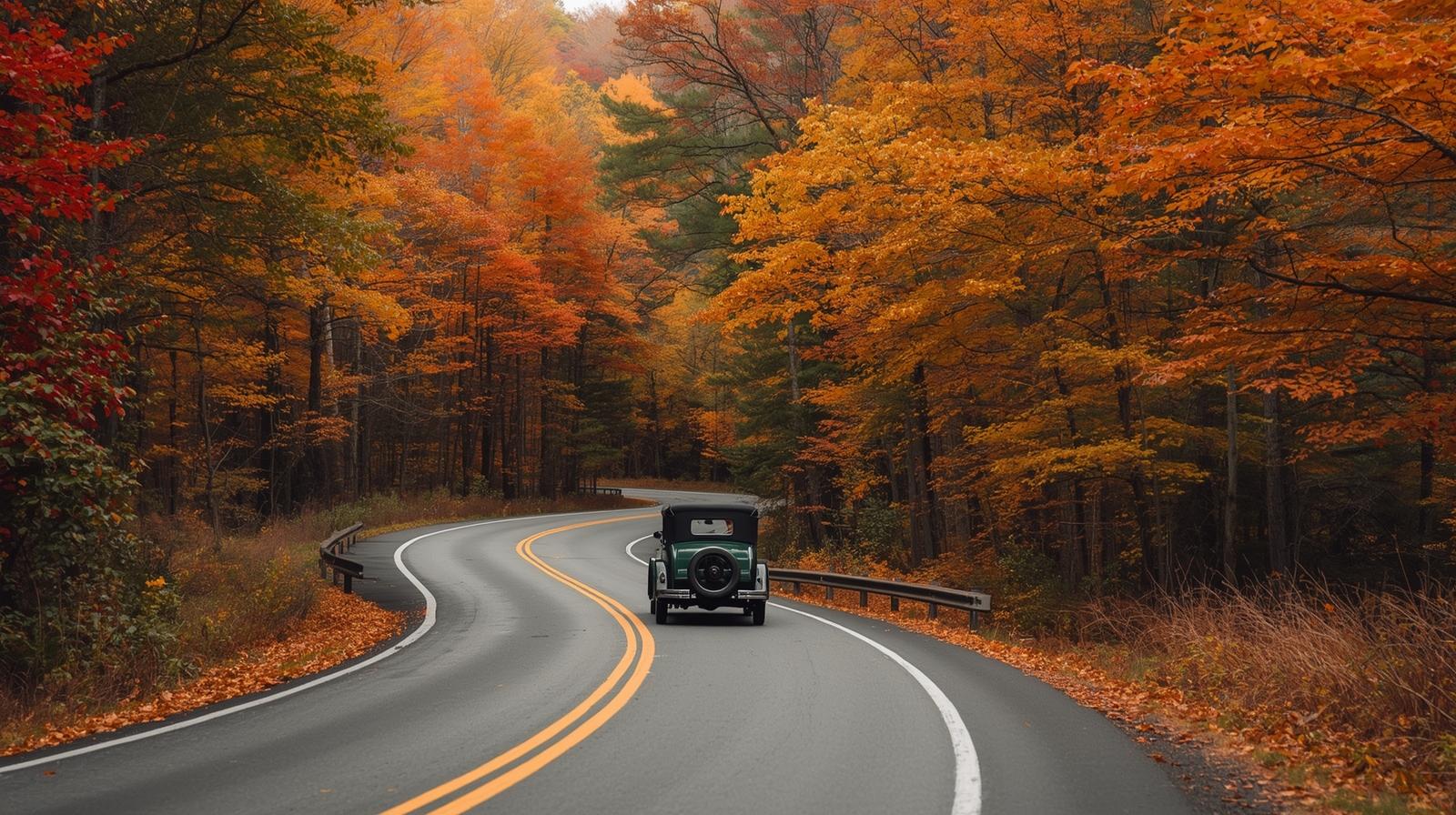 driving a winding a road in fall