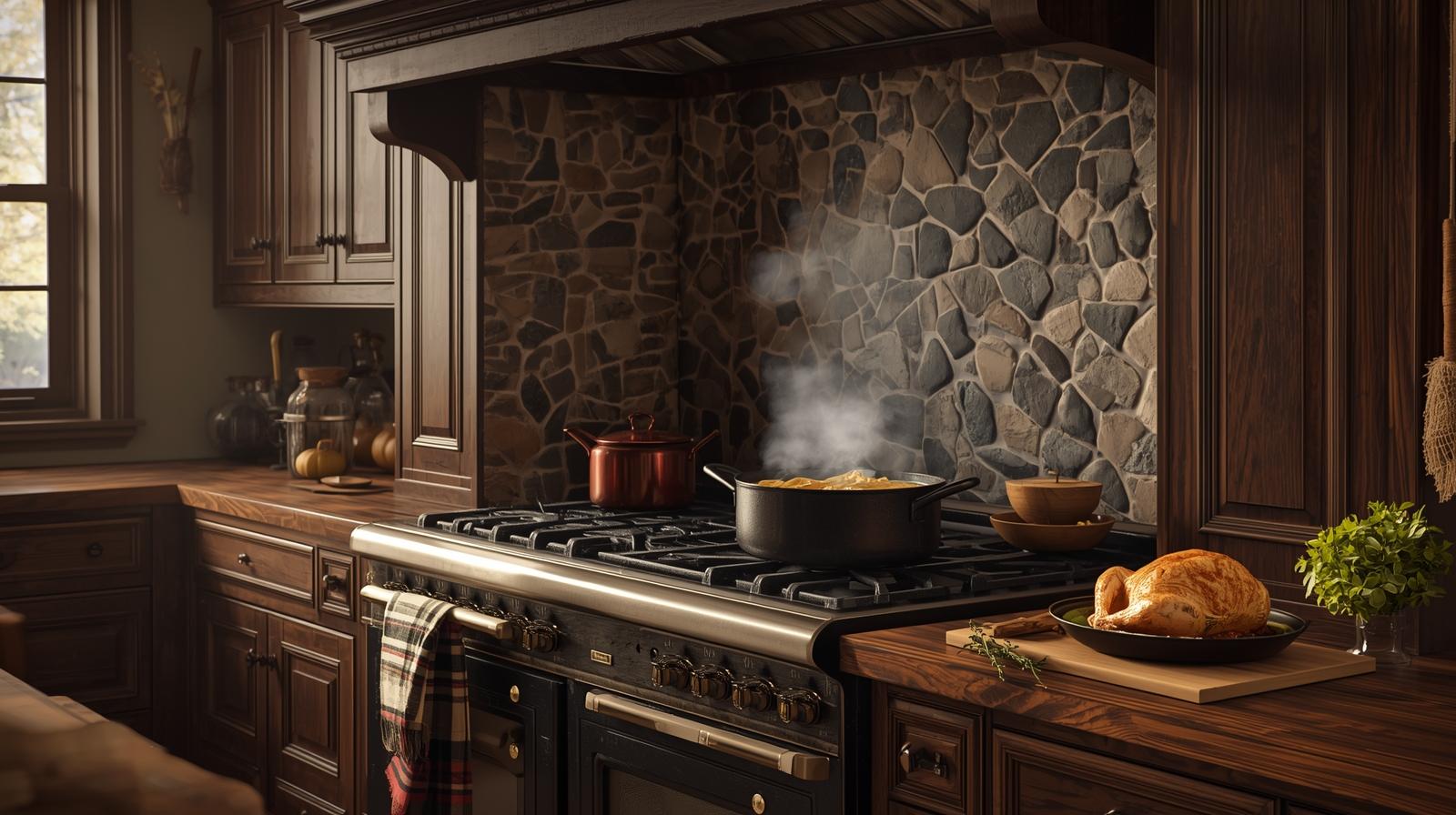 soup cooking on stove baked chicken on counter