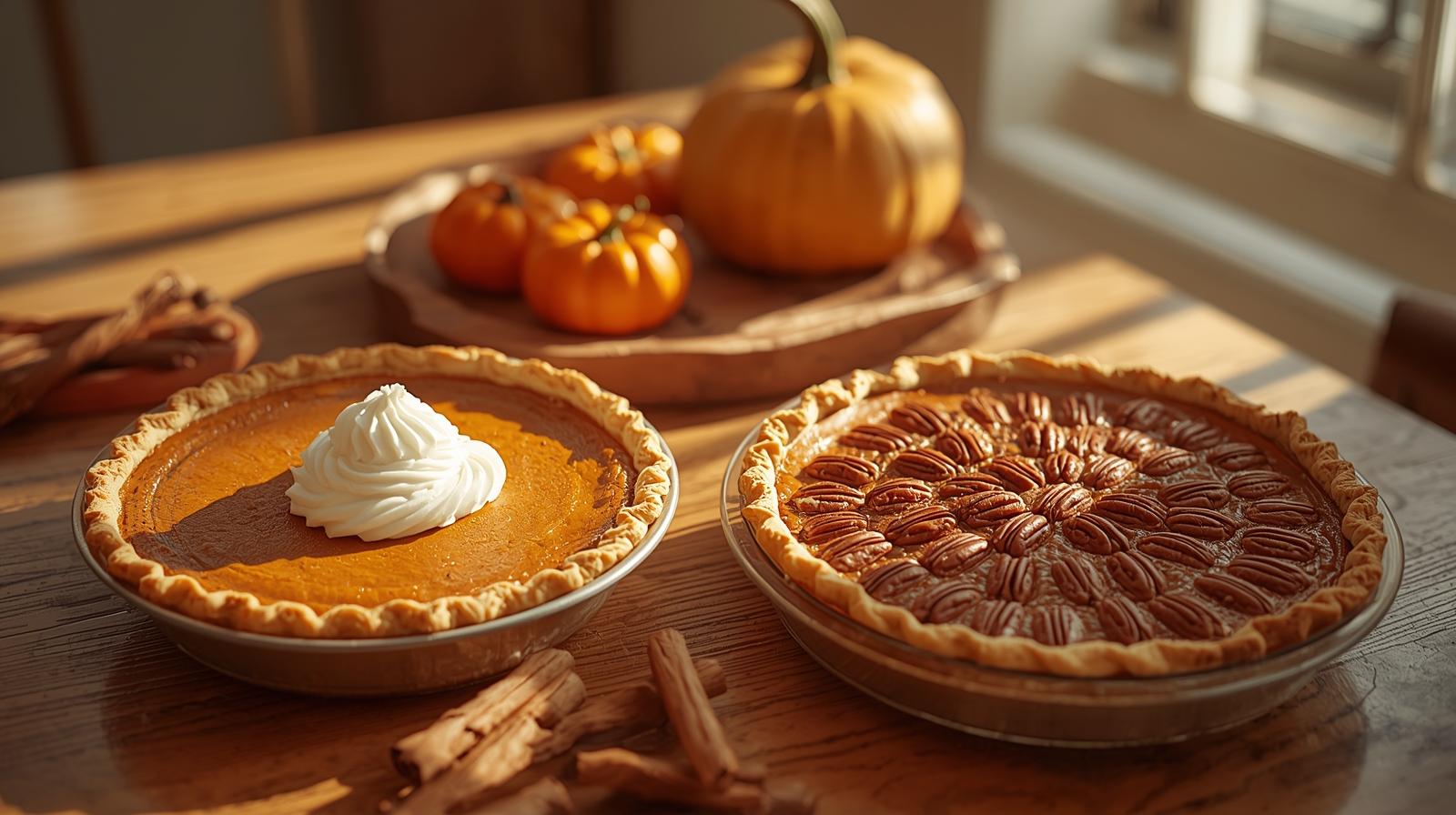 pumpkin and pecan pies on country style counter
