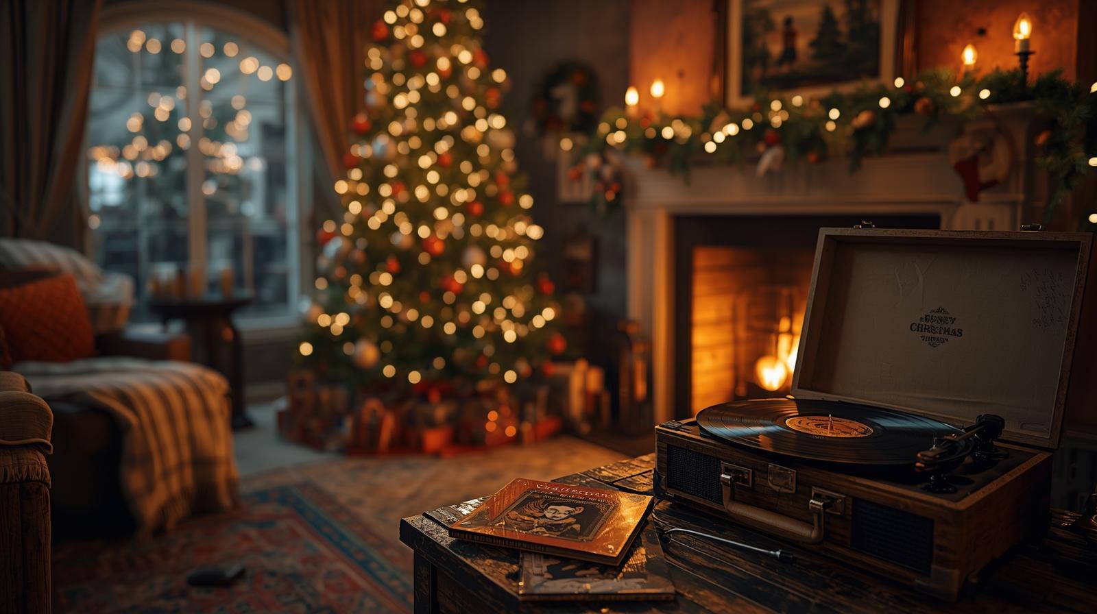 Cozy Christmas living room with warm lighting, decorated tree, glowing fireplace, garland, twinkle lights, vintage record player