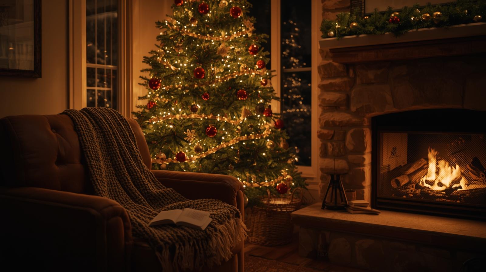 comfy chair and christmas tree by fireplace