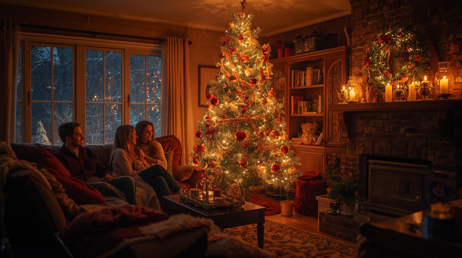 family sitting around christmas tree
