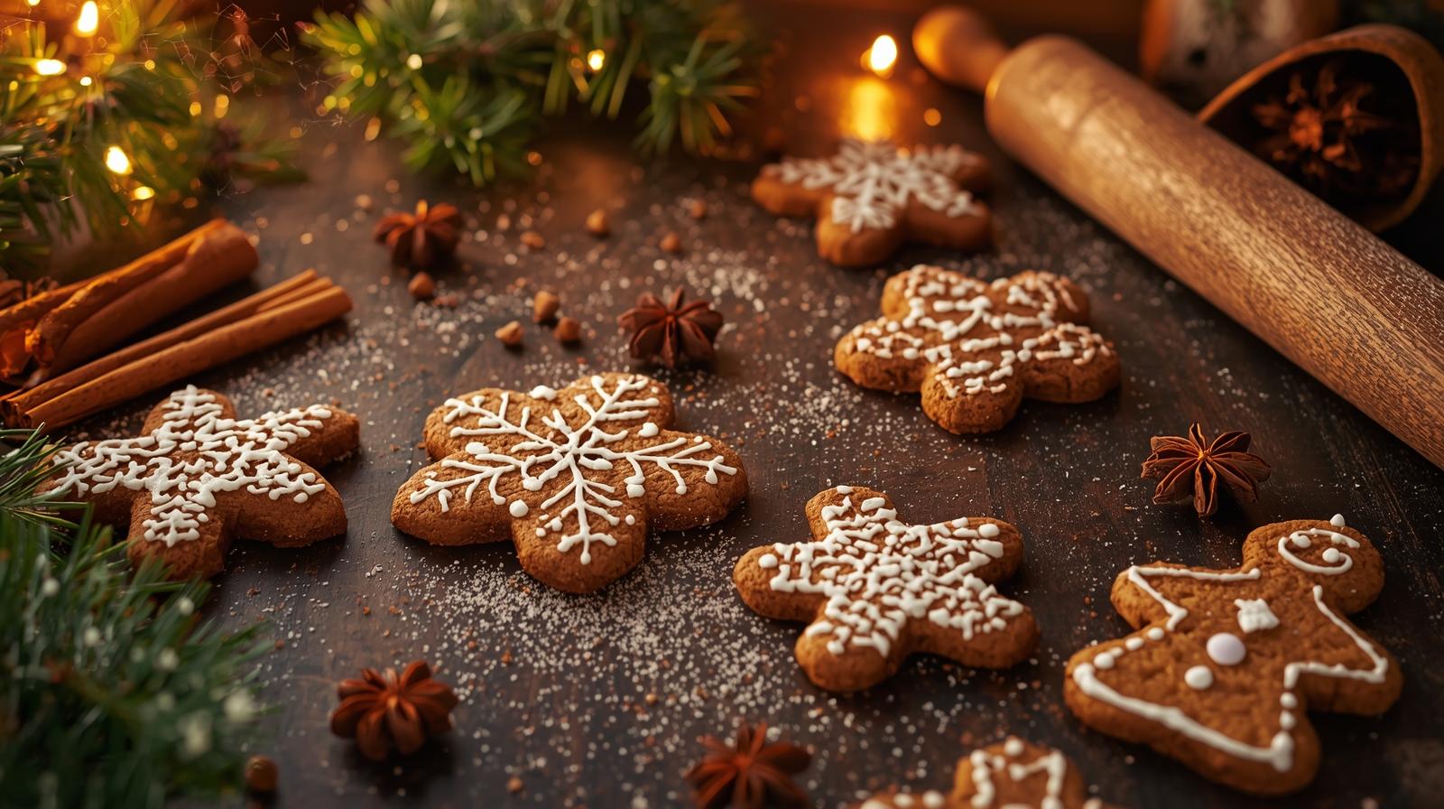 Cozy holiday baking scene with richly colored gingerbread cookies