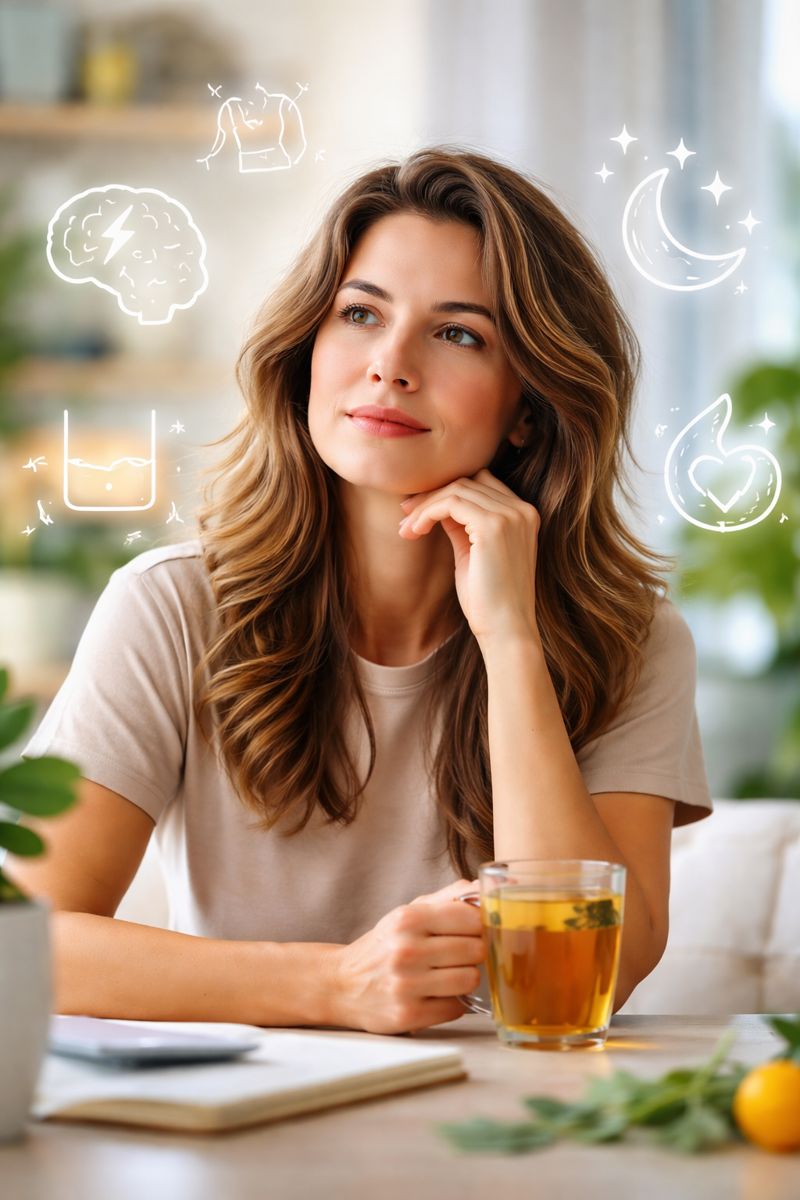 Woman relaxing with herbal tea in a bright home, representing stress management and healthy cortisol balance