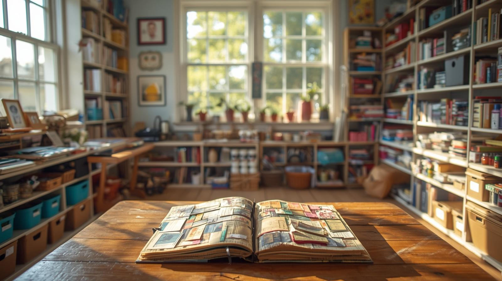 junk journal sitting on the counter of a large craft room