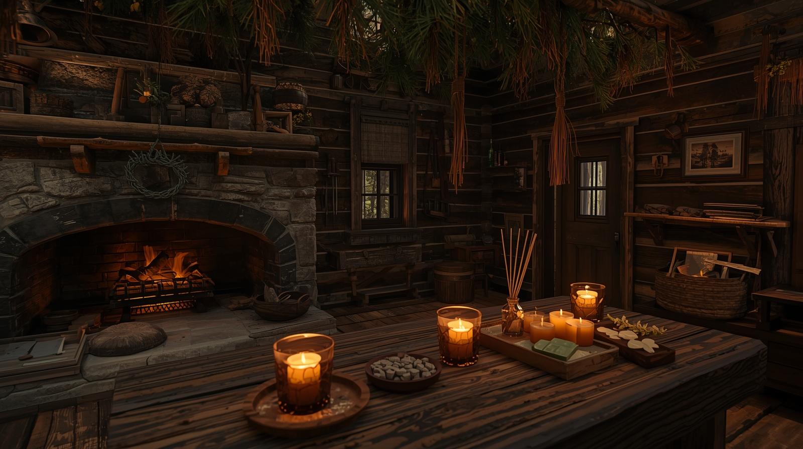 old cabin lit by candlelight