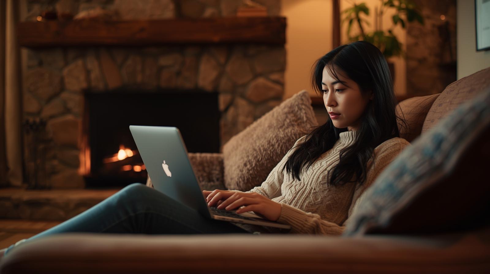woman blogging in a cozy living room