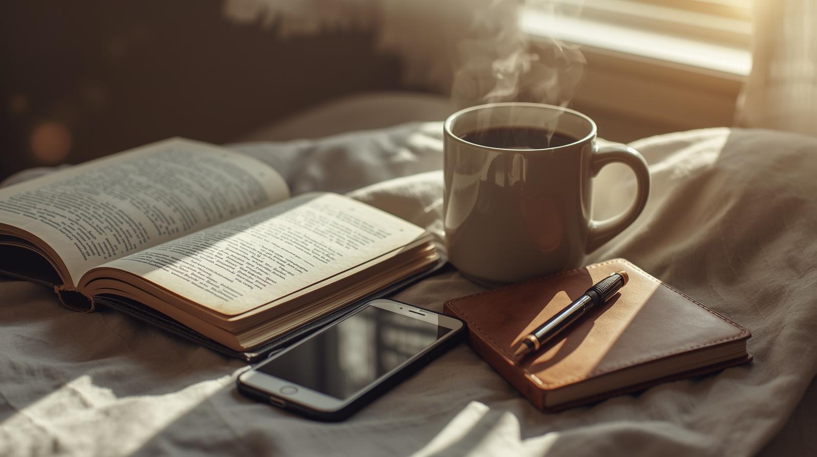 cozy bed with phone and book