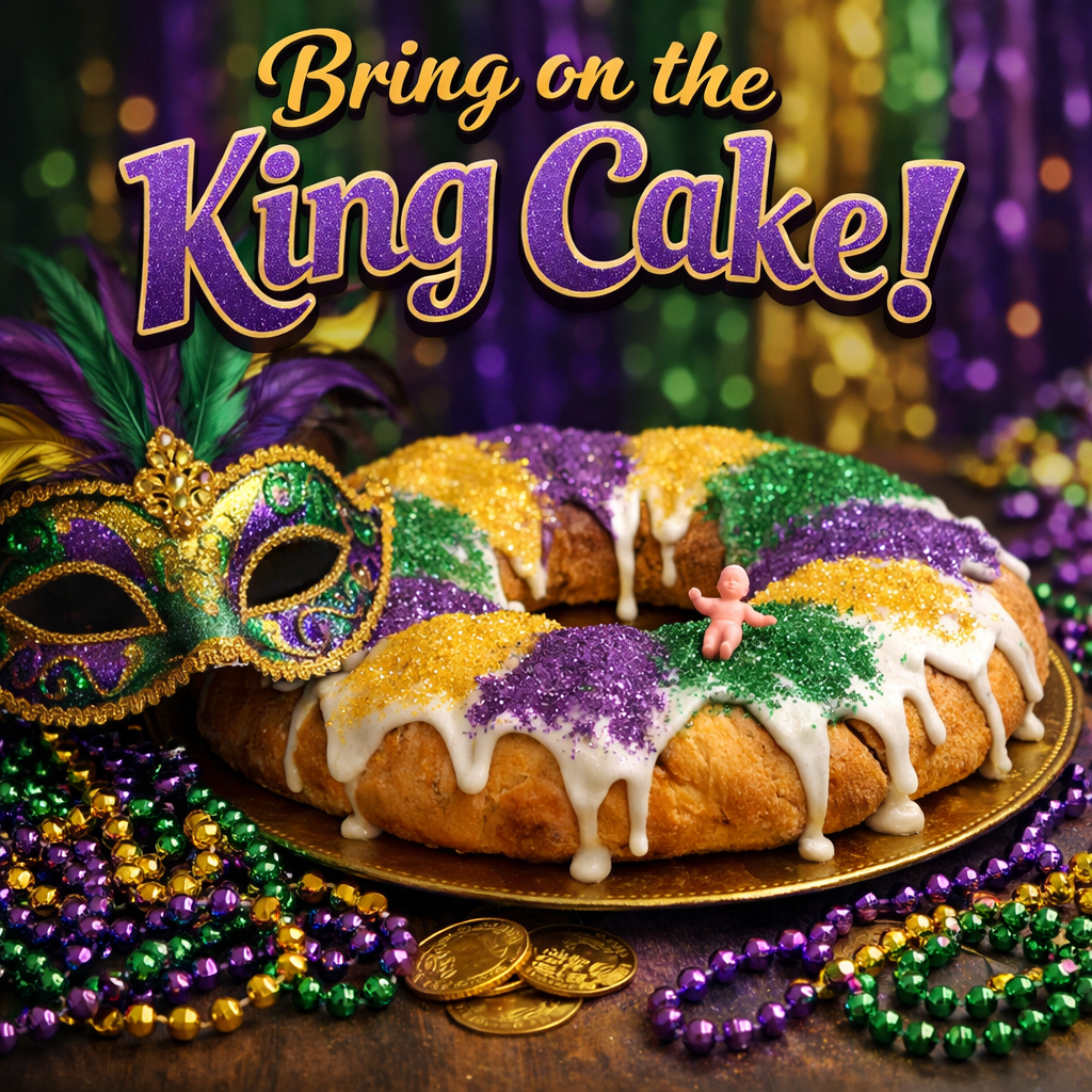 king cake and mardi gras decor
