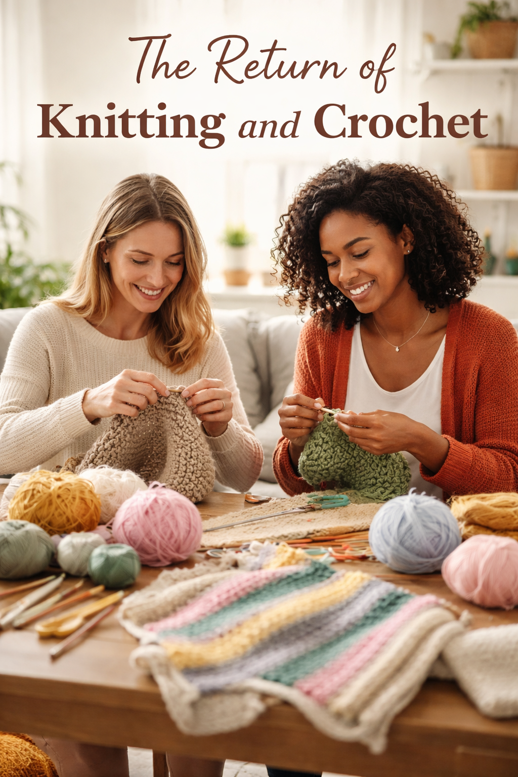 Woman knitting and crocheting with colorful yarn during the return of knitting and crochet trend