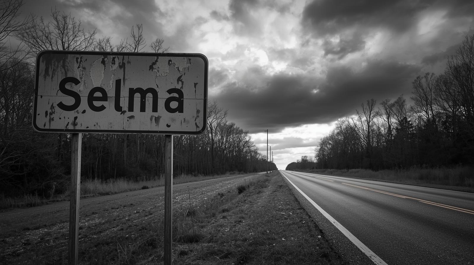 black and white Selma road sign
