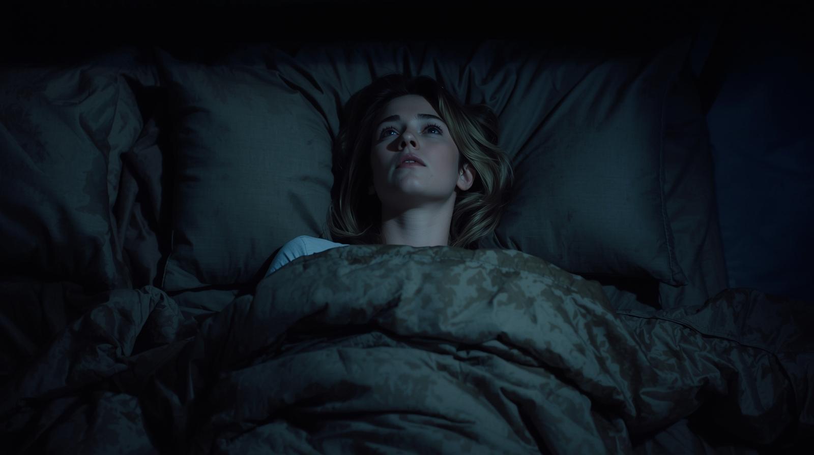 woman laying in bed staring at the ceiling