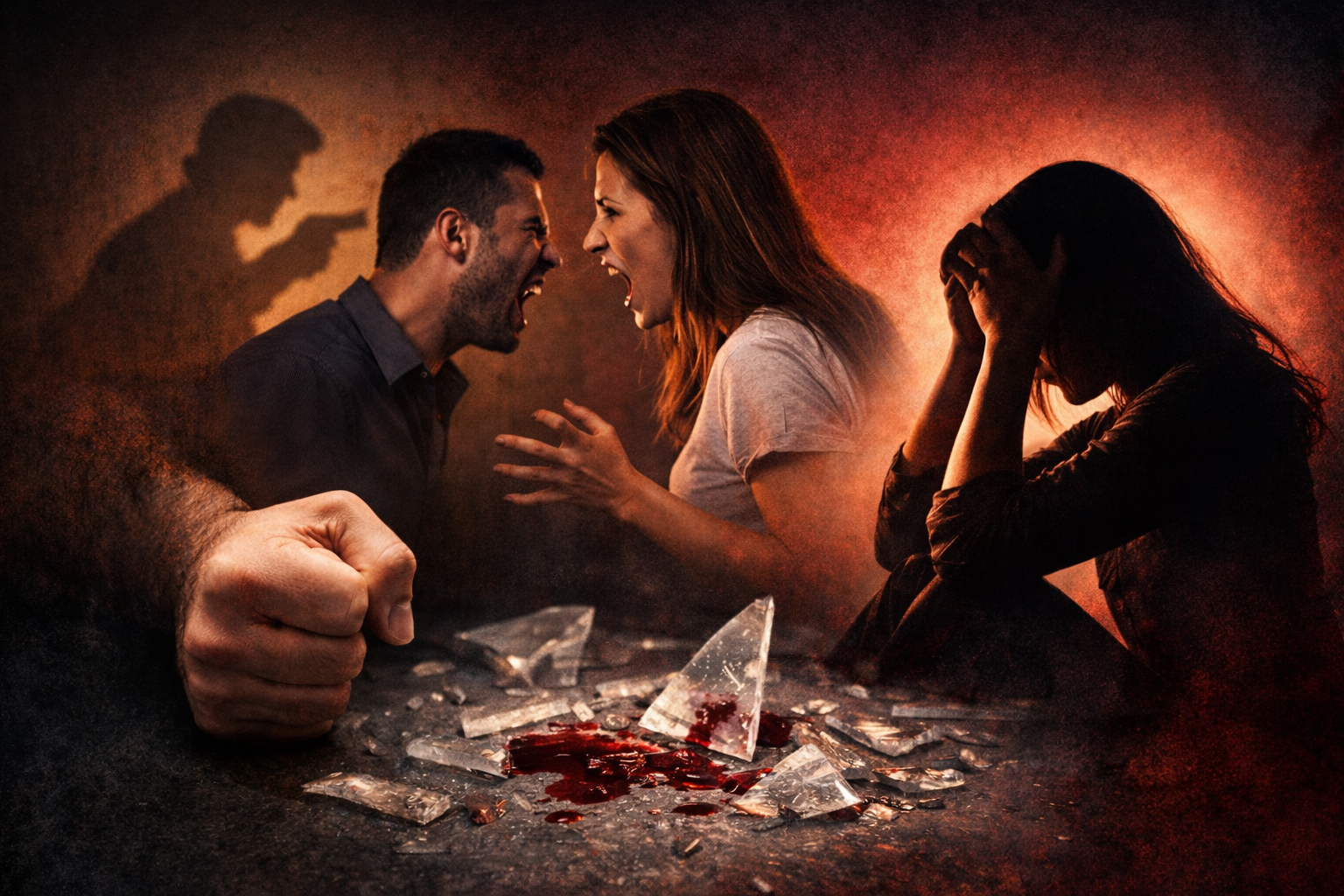 Dramatic scene of a couple in a heated argument with shattered glass and intense red lighting symbolizing emotional turmoil and crimes of passion.