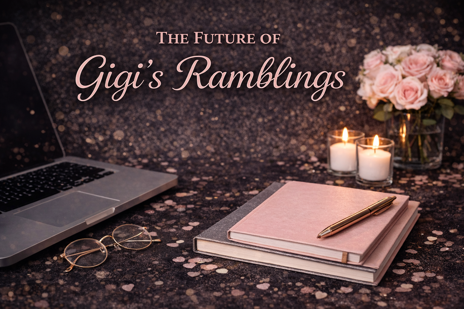 Blog header image reading “The Future of Gigi’s Ramblings” in light pink script over a black and gray glitter background, with a laptop, pink notebooks, gold pen, glasses, candles, and soft pink roses arranged on a desk.