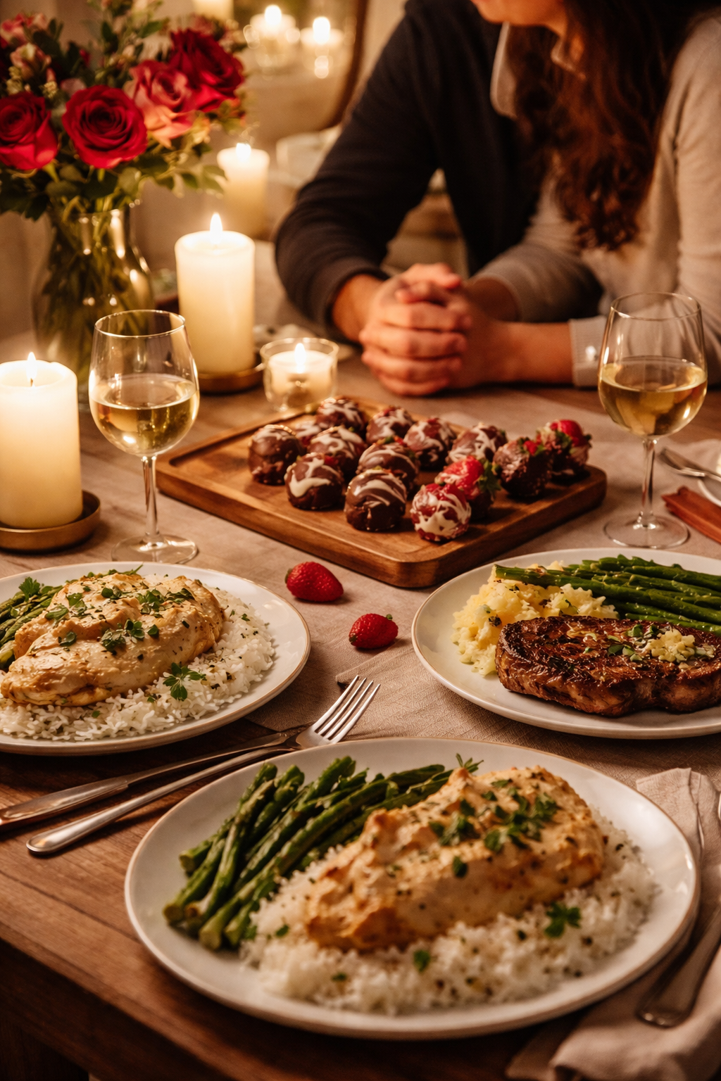 Romantic Valentine’s Day dinner at home with home-cooked meals, candlelight, and two glasses of white wine.