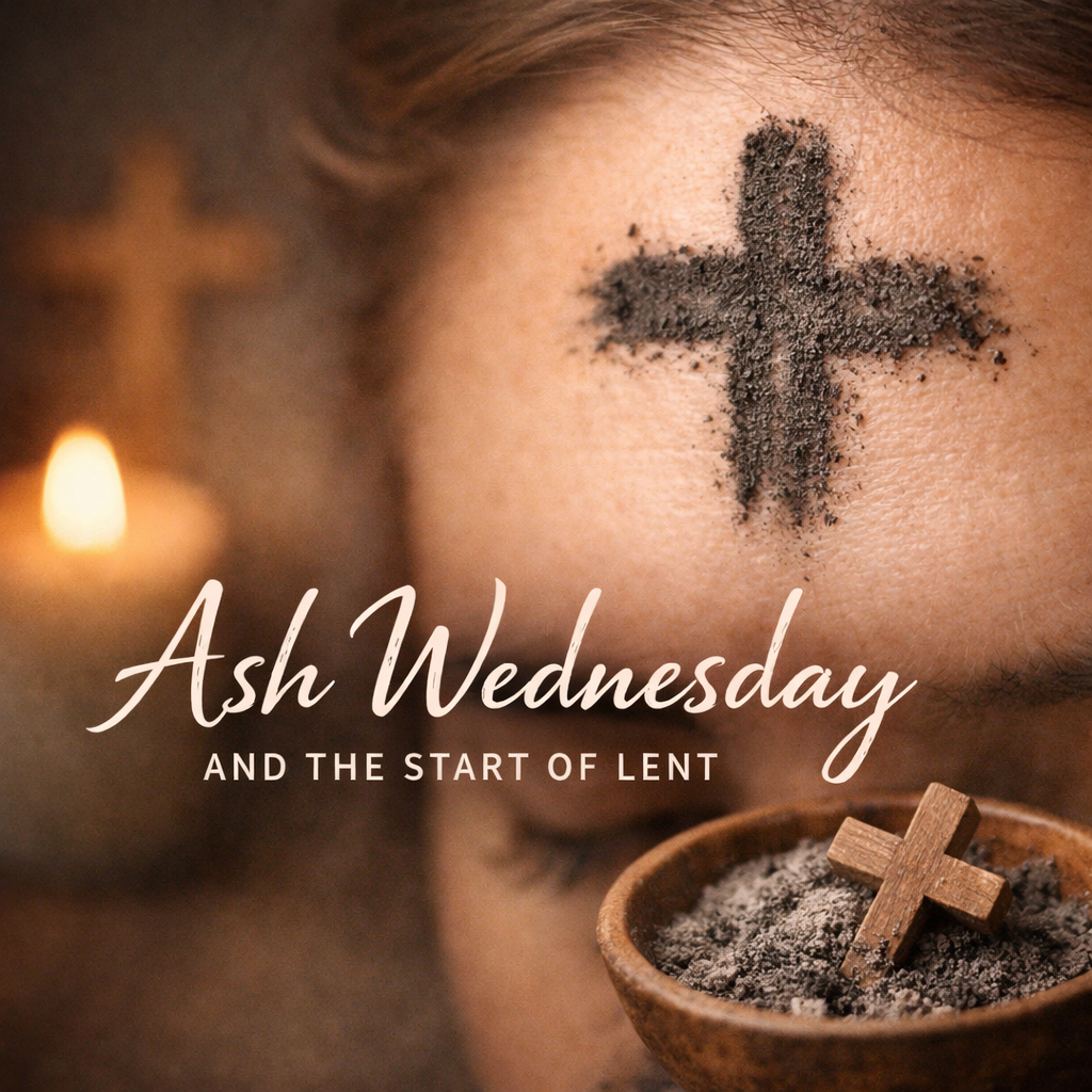 Ash Wednesday ashes in the shape of a cross on a person’s forehead symbolizing the start of Lent