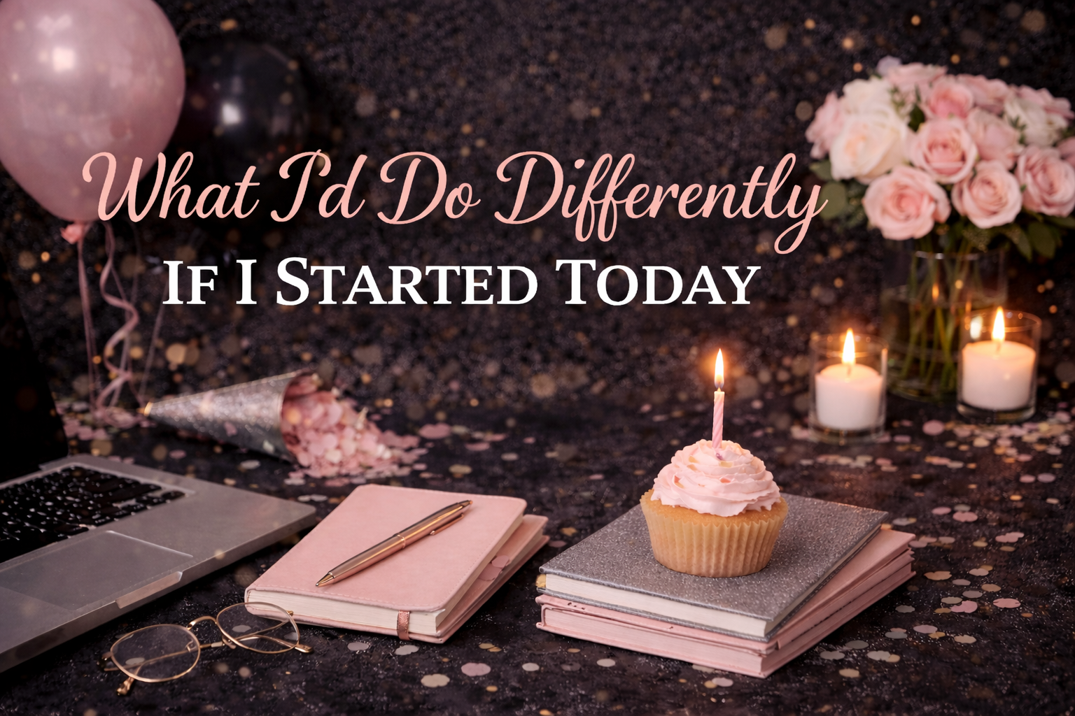 What I’d Do Differently If I Started Today blog header with black, gray, and light pink birthday theme featuring laptop, notebooks, cupcake, candles, balloons, and roses.