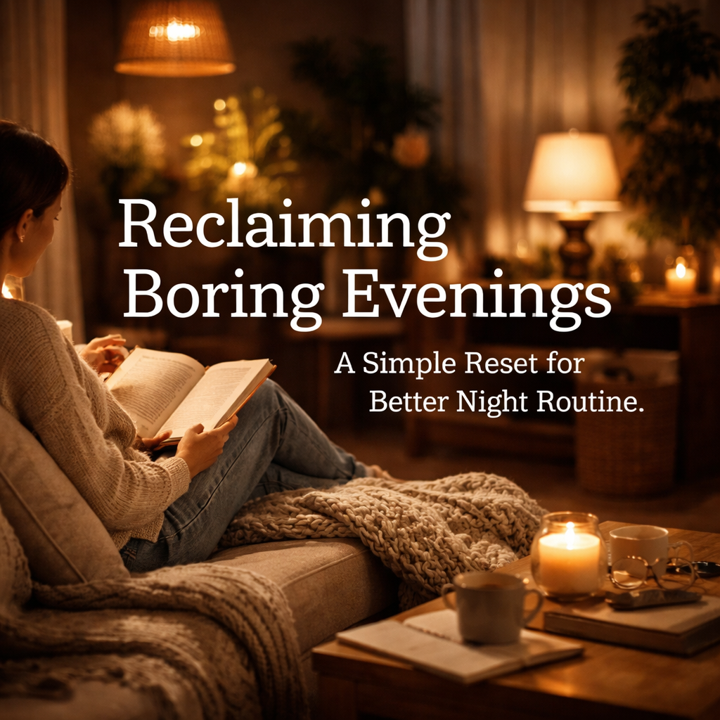Woman reading a book on a couch in a warmly lit living room at night, with candles and soft lamps creating a calm, cozy atmosphere and the text “Reclaiming Boring Evenings” overlaid on the image.
