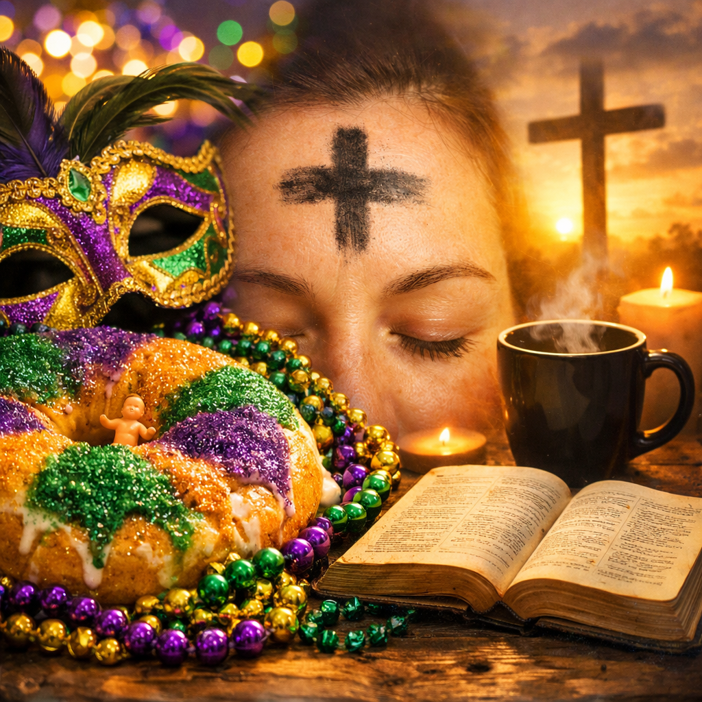 A dramatic, split-style image showing a vibrant Mardi Gras mask, king cake, and colorful beads on one side, transitioning into a solemn Lent scene with a person bearing an ash cross on their forehead, an open Bible, a lit candle, and a steaming coffee cup at sunrise.