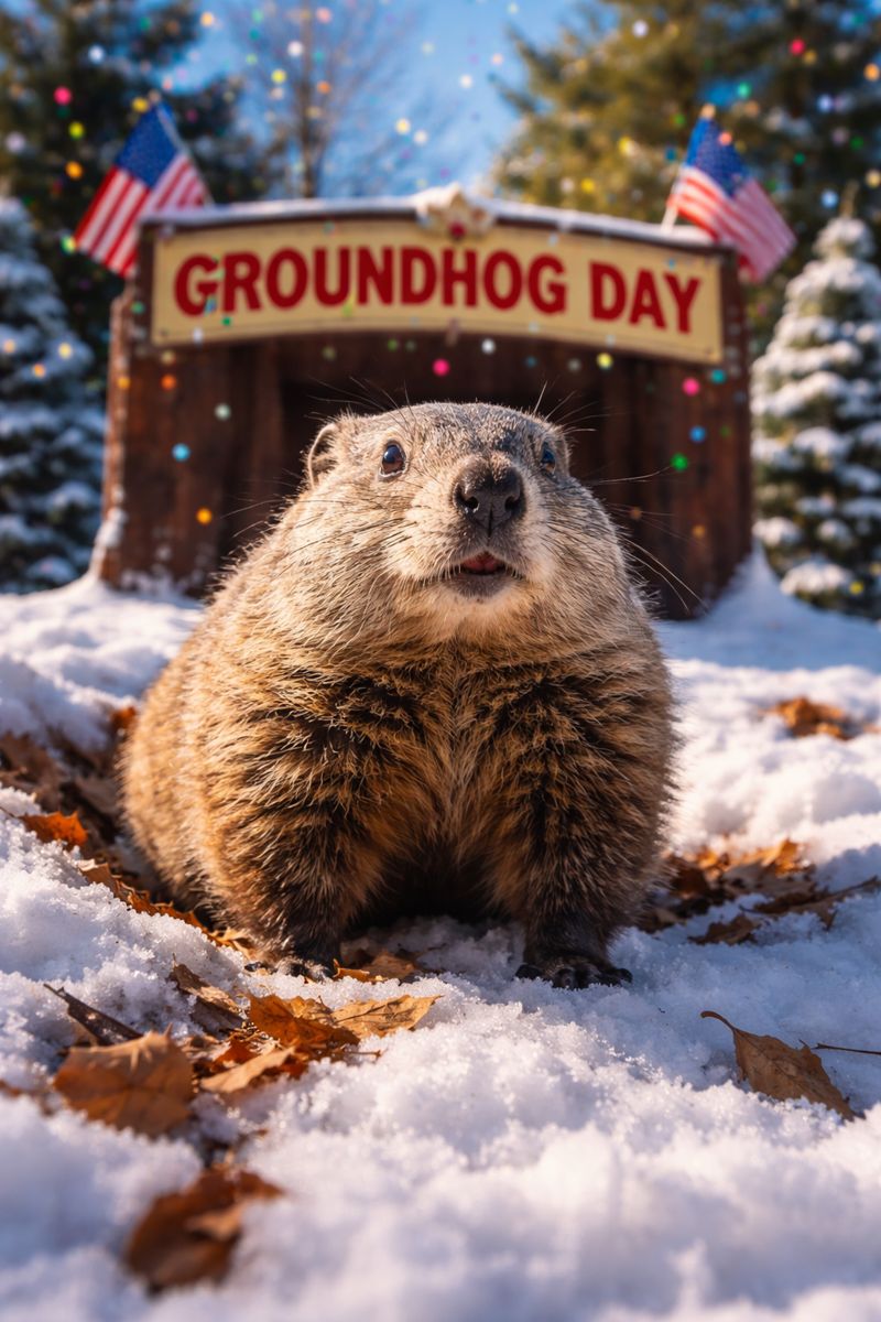 Bright, colorful Groundhog Day scene featuring a groundhog in the snow with a festive sign and sunny winter background.