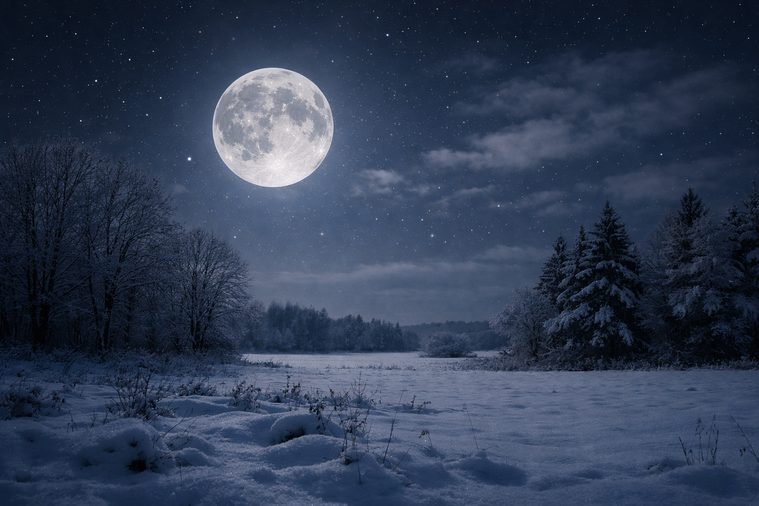 Snow Moon glowing over a quiet winter landscape with snow-covered trees at night