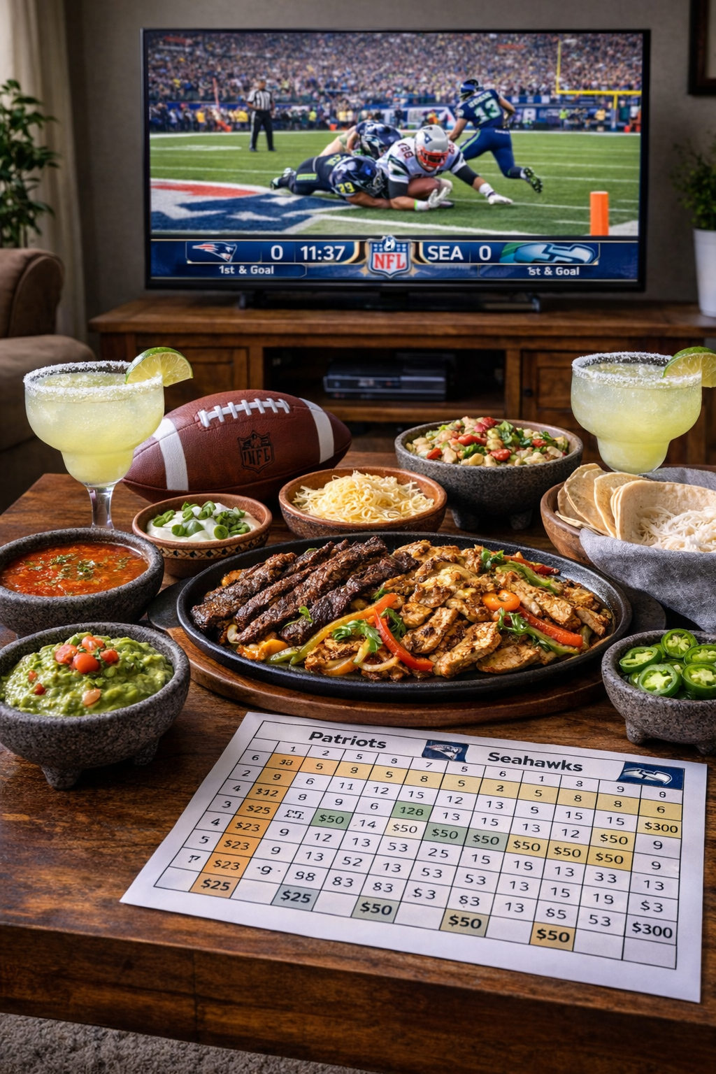A Super Bowl Sunday party setup with a wooden coffee table displaying sizzling cast‑iron beef and chicken fajitas, guacamole, authentic Mexican molcajete salsa, shredded cheese, sliced jalapeños, tortillas, and two margaritas. In front is a football squares betting grid with English labels. A flat-screen TV in the background shows a tense moment from the Super Bowl LX game between the New England Patriots and Seattle Seahawks.