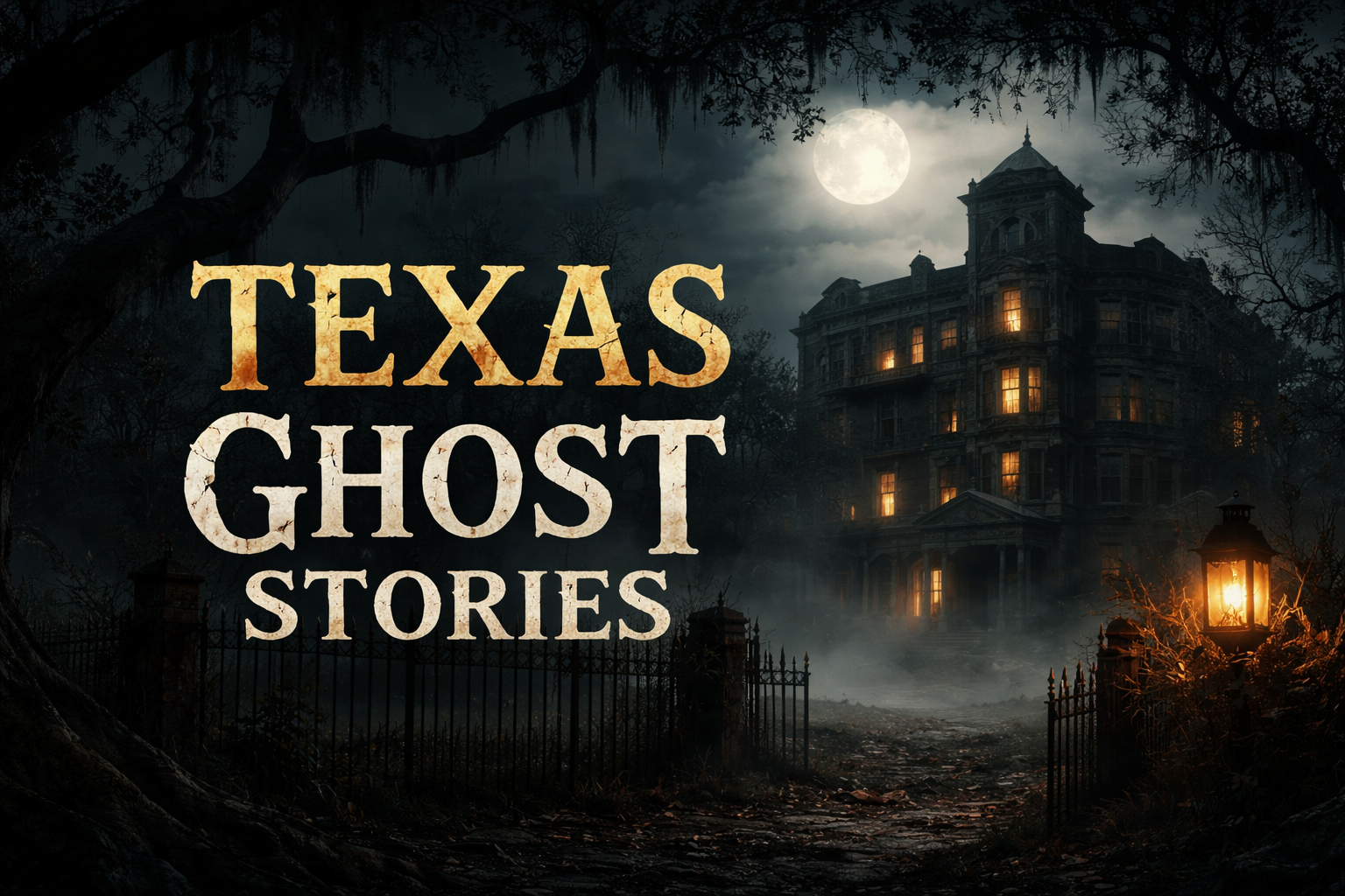 Dark, eerie Texas night featuring a large abandoned Victorian hotel under a full moon, surrounded by twisted oak trees with Spanish moss, a wrought iron fence, glowing lantern, and misty ground creating a haunted atmosphere.