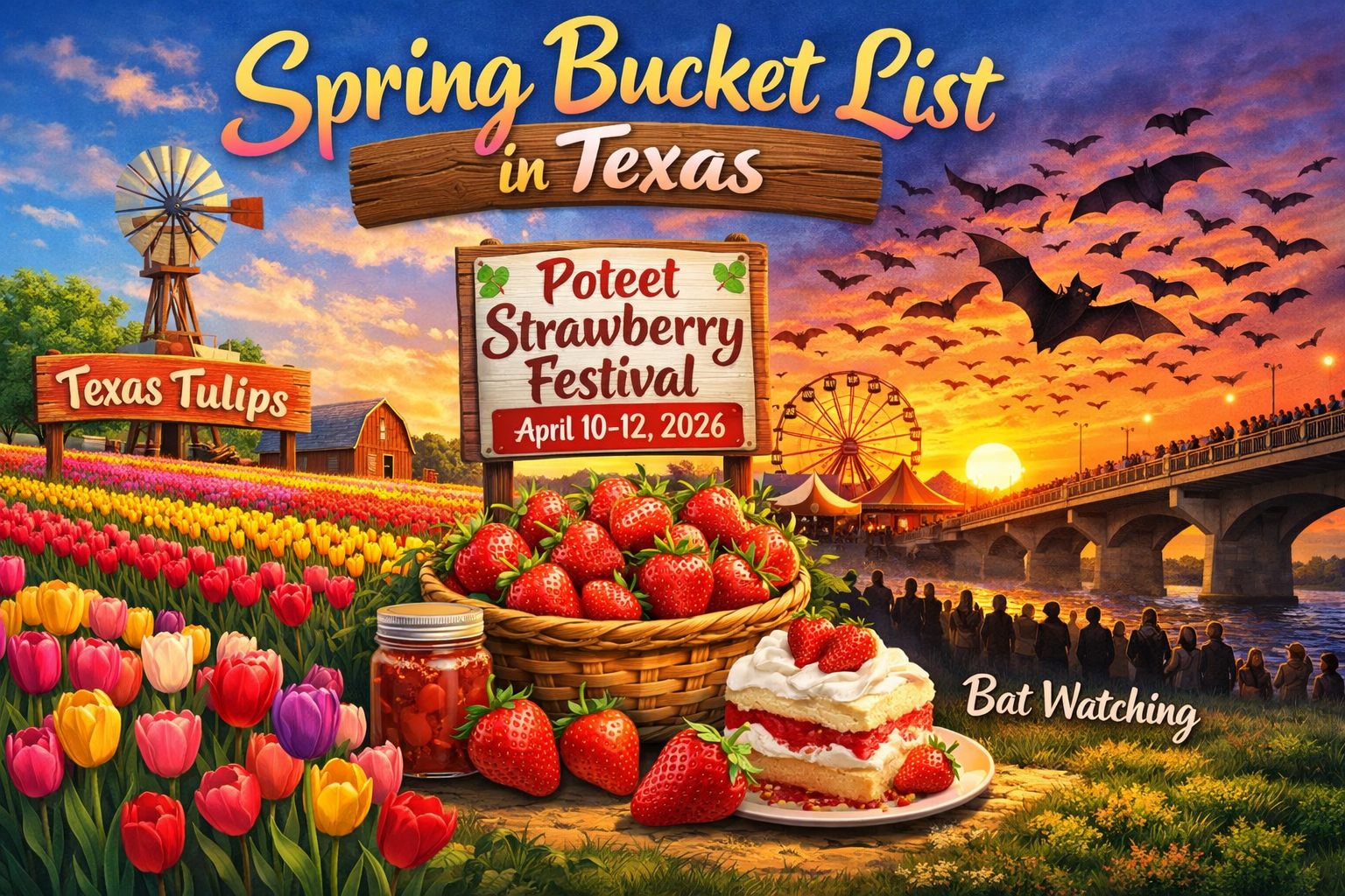 Texas spring bucket list collage featuring colorful tulip fields at Texas Tulips farm, fresh strawberries and desserts from the Poteet Strawberry Festival, and thousands of bats flying at sunset from Congress Avenue Bridge in Austin.